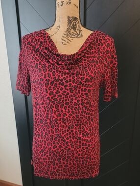 Red Leopard Print Cowl Neck Short Sleeve Top NWT
